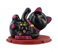 Decoración de gato de la suerte que agita automáticamente con energía solar, adorno para padres e hijos para cajero, oficina y hogar, funciona con panel solar, no necesita pilas (negro)