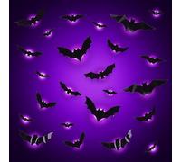 Decoración de Halloween, 24 Piezas de Murciélagos 3D con LED, para Interior y Exterior, Pegatinas de Pared para Jardín, Ventana, Puerta (Color Púrpura)