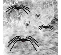 Decoración de Halloween con arañas peludas grandes + telaraña artificial 6 piezas | Arañas realistas 75/50/30cm negras con patas flexibles | Accesorio para fiestas, casas encantadas y jardín