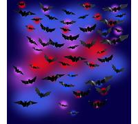 Decoración de Halloween con murciélagos para interiores con luces LED, 48 unidades de 3D, 10 x tamaño, pegatinas de pared, murciélagos terribles de PVC, decoración espeluznante de Halloween para el