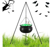Decoración de Halloween de Cauldron de bruja: hervidor de metal de gran tamaño con soporte, espeluznantes luces de cuerda de globo ocular y accesorios de huesos | Suministros de vacaciones de miedo pa