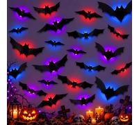 Decoración de Halloween Luces, 24 Piezas LED Murciélagos, Luminosos 3D Murcielagos Halloween PVC Pegatinas, Luces de Murciélago Decoración Jardín Puertas,Ventanas, Fiestas