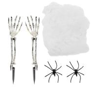 Decoración de Halloween manos esqueleto tamaño real 2 unidades + 2 arañas + telaraña sintética, 46x9cm, uso exterior/interior jardín césped terrorífico