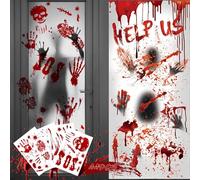 Decoración de Halloween, pegatinas de terror, póster gigante, huellas de manos sangrientas, siluetas de zombies, ventana sangrienta, huella de mano, reutilizable para ventana de fiesta de Halloween