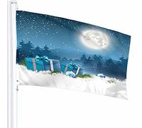 Decoración de la bandera de la noche de Navidad Cajas de regalo y adornos de 3x5 pies en la nieve Estrellas Luna Patrón impreso de poliéster brillante Decoración al aire libre para hogares y jardine