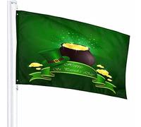Decoración de la bandera del día de San Patricio, maceta de 3 x 5 pies con duende, cinta dorada, moneda, rayo de la suerte, poliéster, patrón impreso, decoración al aire libre para hogares y jardine