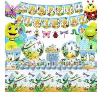 Decoración de la fiesta de cumpleaños de bugs - utensilios de fiesta de insectos, platos, tazas, servilletas, manteles, cubiertos, pancartas de cumpleaños felices