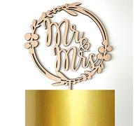 Decoración de madera dorada para tartas de boda con diseño de Mr Mrs