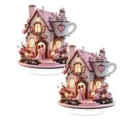 Decoración de mesa acrílica de San Valentín - Figura de casa de copa rosa con corazón, rosa y conejo romántica casa de amor para el día de San Valentín, boda, decoración de mesa de fiesta (rosa-2)