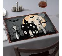 Decoración de mesa de Pascua, casa espeluznante bajo una luna llena con murciélagos volando alrededor, manteles individuales de comedor de primera calidad para cocina y comedor, decoración de fiesta