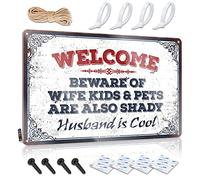 Decoración de metal de estaño estilo vintage Tiki | Welcome Beware Of Wife Children And Pets Are Also Shady As Well Husband Is Cool Boho Collection Decoración para el hogar (20 x 30 cm)