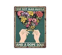 Decoración de metal para mesa con texto en inglés "She Has Crazy Hustle and A Soul Retro Tin Sign Chic Art Wall Metal Decoration" Funny Iron Plaque Signs Gift for Living Room Office 20.3x30.5 cm