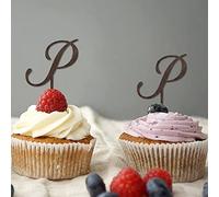 Decoración de monograma con letra P para cupcakes, con inicial de una sola letra con nombre, corona de flores, elegante para bodas, aniversarios, fiestas, reutilizables, diseño de letras, color marrón
