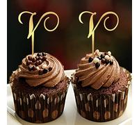 Decoración de monograma con letra V para cupcakes, inicial de una sola letra para boda, compromiso, fiesta, decoración, ramas elegantes, diseño de hojas, color para regalos de cumpleaños, 6 unidades