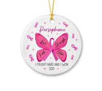 Decoración de Navidad para paciente con cáncer, adorno personalizado con nombre y año venciendo al cáncer, adornos I Fought Hard and I Won, adorno de cerámica personalizado para el cáncer de mama