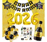 Decoración de Nochevieja 2026 Dorada Negro, 53 Piezas Juego de Decoración de Fiesta de Nochevieja, Globo de Confeti de Pancarta de Feliz Año Nuevo, Globo de Aluminio con Botella de Champán Estrella