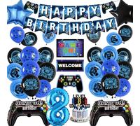 Decoración de pancarta de cumpleaños número 8 para niños, juego de decoración de fiesta de juegos azul con globos de aluminio controlador, pancartas de feliz cumpleaños, decoración de pastel para