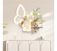 Decoración de Pared 3D iluminada con Mariposa de neón, Panel Trasero con Textura de Madera, jarrón hidropónico y vegetación Artificial, Escultura de Pared LED Moderna para Dormitorio, Sala d