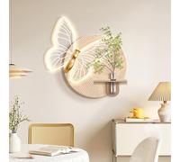 Decoración de Pared 3D iluminada con Mariposa de neón, Panel Trasero con Textura de Madera, jarrón hidropónico y vegetación Artificial, Escultura de Pared LED Moderna para Dormitorio, Sala d