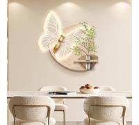 Decoración de pared 3D iluminada con mariposa de neón, panel trasero con vetas de madera, jarrón hidropónico y vegetación artificial, escultura LED moderna para dormitorio, sala de estar o recibidor