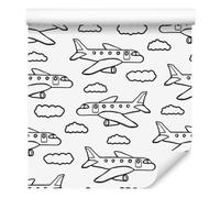 Decoración de Pared, Aviones blancos y negros con nubes, 50 x 1000 cm
