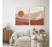 Decoración de pared Boho Resumen Sol y luna Póster de lienzo Arte de pared moderno de mediados de siglo Impresiones de pintura de terracota Cuadros 60x90cmx2pcs Sin marco