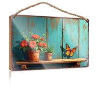 Decoración de pared colgante para baño, mariposa monarca descansando en un estante de madera con flores en maceta, letrero de bienvenida para puerta delantera y baño (20 x 30 cm)