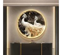 Decoración de pared con diseño de pavo real LED, esculturas de pared redondas luminosas, decoración de pared colgante para interiores con control remoto, cuadro enmarcado(A,70 * 70cm)