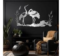 Decoración de Pared con grullas Plateadas de Metal, Arte Mural japonés de Fauna Silvestre, Escultura Moderna para Sala de Estar, Dormitorio, Pasillo y escaleras (Plateada, 76 x 43 cm).