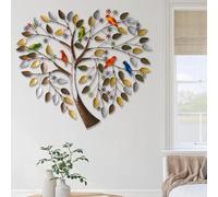 Decoración De Pared De Árbol De Metal,Pájaros Coloridos En Rama En Forma De Corazón, Escultura De Pared Para Dormitorio,Sala De Estar, Decoración De Pared De Metal De Árbol De La Vida 30×23cm