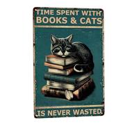 Decoración de pared de gato retro divertido letrero de café y baño, arte de lata de metal de gato negro, tiempo pasado con libros, gatos nunca desperdiciados, regalo perfecto para los amantes de los