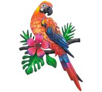 Decoración de pared de loro de hierro, adorno colgante de arte moderno, vibrante azul, naranja, blanco, resistente decoración de jardín de hierro forjado para paredes interiores y exteriores, vallas
