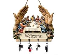 Decoración de pared de madera titular de la última cena escena con cuatro ganchos de metal acrílico multicolor 30 cm mensaje de bienvenida acento religioso para entrada, pasillo, oficina, familia