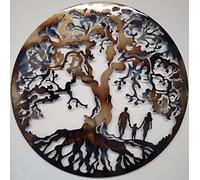 Decoración de pared de metal - Árbol de la vida con familia (padre, madre e hija) - Escultura de pared única de acero 60 cm - Arte mural de diseño con efecto quemado