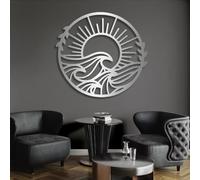 Decoración de Pared de Metal con Amanecer, Olas del océano, Destellos del Sol, Olas del mar, decoración náutica, Sala de Estar (Plateado, 80 x 74 cm)