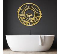 Decoración de Pared de Metal con Amanecer, Olas del océano, Destellos del Sol, Olas del mar, decoración náutica, Sala de Estar (Dorado, 62 x 57 cm)