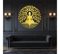 Decoración de Pared de Metal con Buda, Árbol de la Vida y Buda, Estilo Zen, Espiritual para Sala de Estar, Dormitorio y Estudio de Yoga (Dorado, 90 x 90 cm)