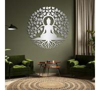 Decoración de Pared de Metal con Buda, Árbol de la Vida y Buda, Estilo Zen, Espiritual para Sala de Estar, Dormitorio y Estudio de Yoga (Plateado, 120 x 120 cm)