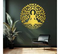 Decoración de Pared de Metal con Buda, Árbol de la Vida y Buda, Estilo Zen, Espiritual para Sala de Estar, Dormitorio y Estudio de Yoga (Dorado, 70 x 70 cm)