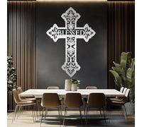 Decoración de Pared de Metal con Cruz Cristiana Cruz de Jesús Bendita Cruz Cristiana Decoración Religiosa para Sala de Oración Decoración para Chimenea (Plateada 105 X 77 Cm)