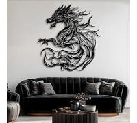 Decoración de Pared de Metal con diseño de dragón, fantasía mítica para Sala de Estar, Dormitorio, Sala de Juegos o Cueva Masculina (Negro, 70 x 65 cm