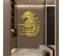 Decoración de Pared de Metal con diseño de dragón, fantasía mítica para Sala de Estar, Dormitorio, Sala de Juegos o Cueva Masculina (Dorado, 47 x 44 c