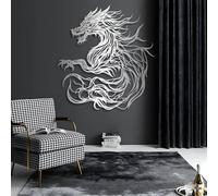Decoración de Pared de Metal con diseño de dragón, fantasía mítica para Sala de Estar, Dormitorio, Sala de Juegos, Cueva del Hombre (Plateado, 100 x 9