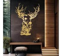 Decoración de Pared de Metal con diseño Minimalista Moderno de Ciervo, Rama de árbol, Colgante de Vida Silvestre, decoración de Granja Natural (Dorado, 90 x 69 cm)