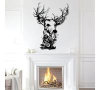 Decoración de Pared de Metal con diseño Minimalista Moderno de Ciervo, Rama de árbol, Vida Silvestre, Estilo rústico Natural (Negro, 105 x 80 cm)