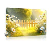 Decoración de pared de metal de estaño para invierno, flores amarillas florecen alrededor de una valla de madera en un campo soleado. Antiguo para casa de montaña (30 x 40 cm)