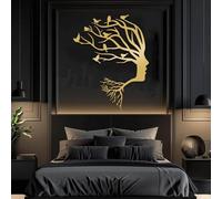 Decoración de Pared de Metal Minimalista Moderna con Arte Abstracto de Rostro Femenino, árbol y pájaro (Dorado, 121 x 94 cm).