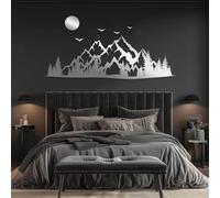 Decoración de Pared de Metal Minimalista Moderna con Arte de montaña, Grande, con diseño de pájaro y Sol, Colgante de Naturaleza, Ideal para Sala de Estar de Estilo rústico (Plateado, 135 x 48 cm