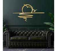 Decoración de Pared de Metal Minimalista Moderna con diseño de Amanecer, Brillo Solar, mar y Gaviota Estilo Boho, pájaro Colgante, luz Solar para baño (Dorado, 121 x 67 cm).