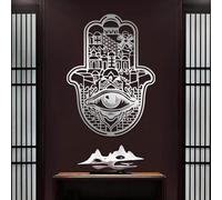Decoración de Pared de Metal Minimalista Moderna con diseño de Hamsa, Mano de Hamsa, Mal de Ojo, religión judía de Jerusalén, Yoga Zen, para Sala de Estar (Plata, 105 x 76 cm)